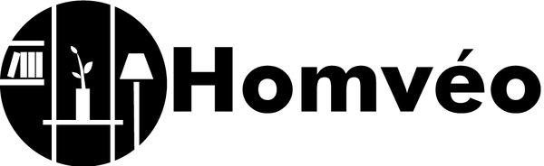 Logo of Homveo with a circular icon featuring a lamp and shelves.