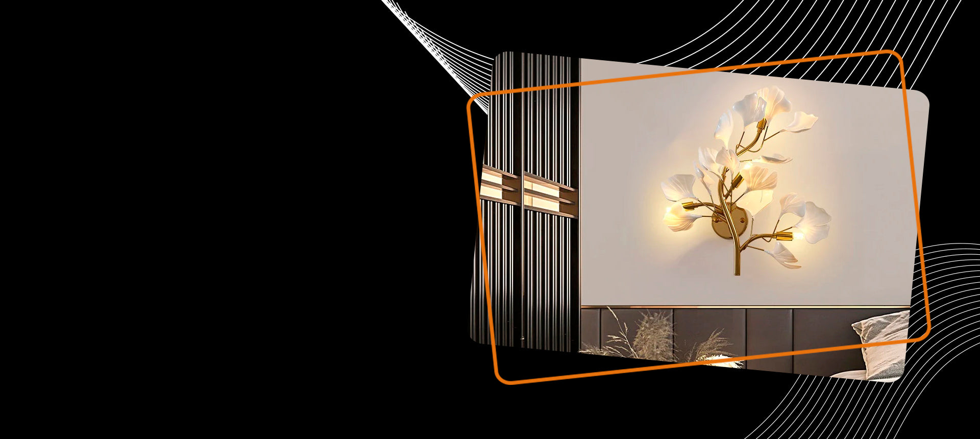 Decorative wall light fixture on a black background with abstract design elements.